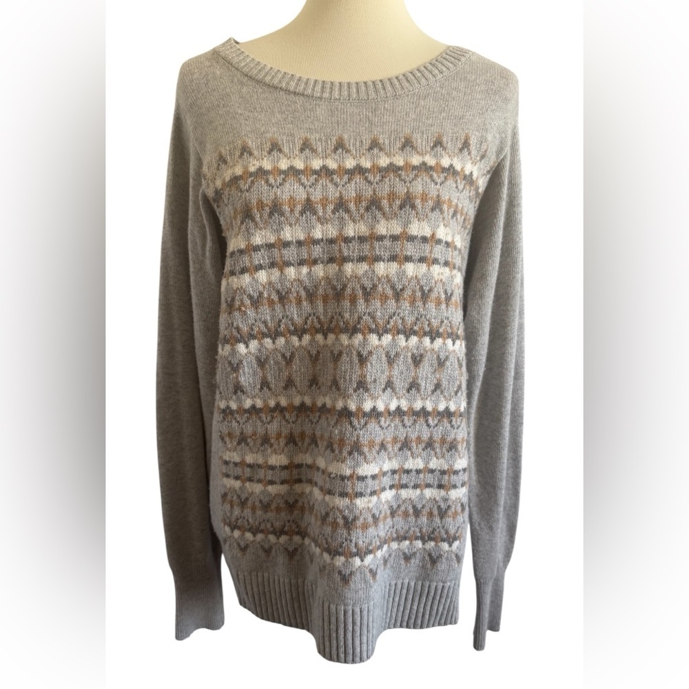 J. Crew Fair Isle Nordic Geometric Merino Wool Blend Gray Sweater Size Large - Picture 7 of 12